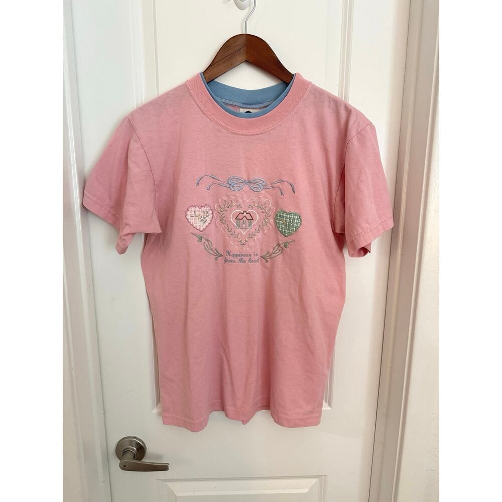 Vintage Embroidered Cottagecore Coquette "Happiness Is From the Heart" Tee